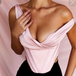 House of CB guiseppina satin off shoulder corset top in S, pink
